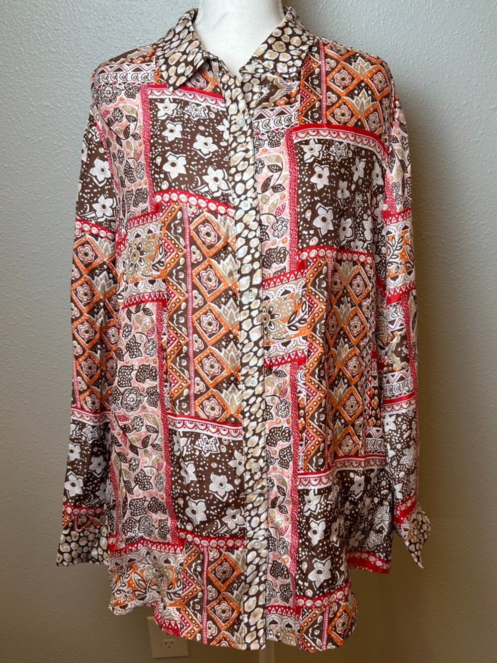 NWOT J. McLaughlin Darcey Silk Blend Blouse XL Boho Patchwork Earthy Retro